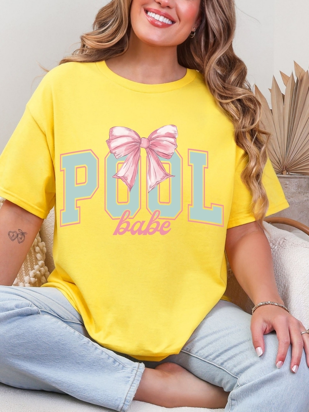 Gildan Yellow 'Pool Babe' Graphic Tee with Pink Bow